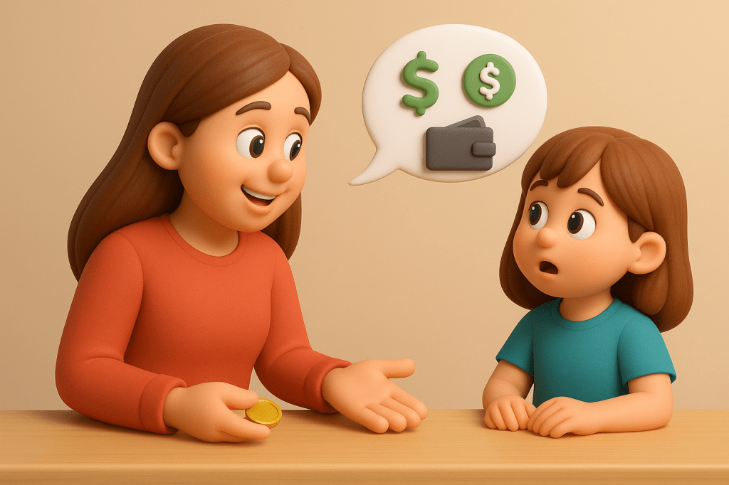 Parent teaching kids about money at home